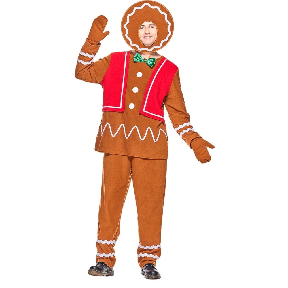 EraSpooky Mens Gingerbread Man Christmas Costume XL Brown Holiday Outfit Set